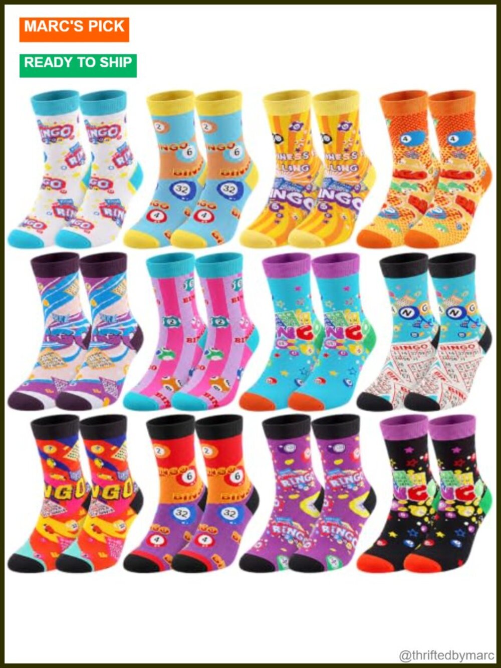 12 Pack Bingo Socks Novelty Crew Cotton Gift Set for Bingo Lovers